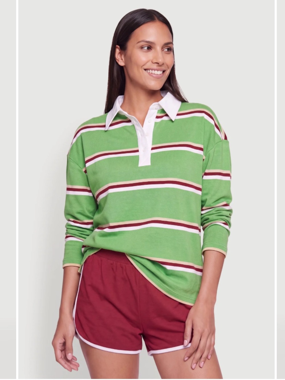 NWT Jolie & Joe academia Green Stripe Polo long sleeve striped preppy top large